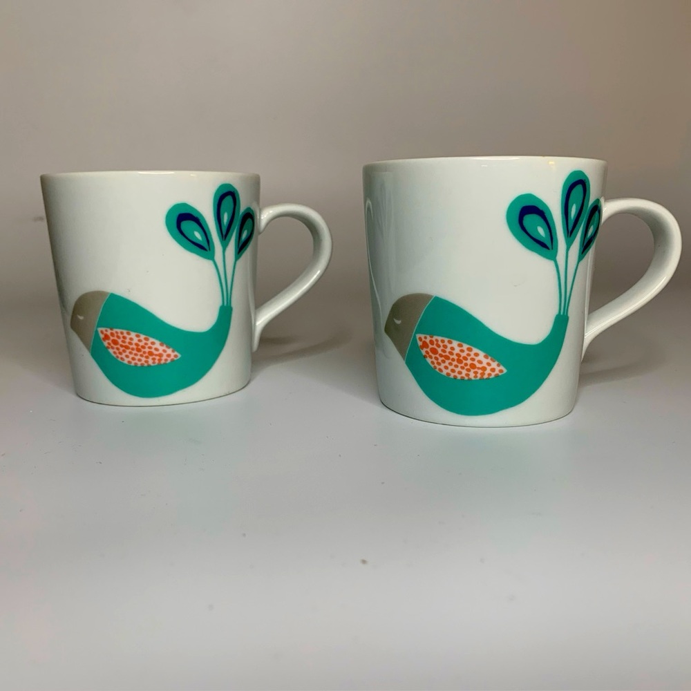 Crate&Barrel Teal and Orange Bird Mugs